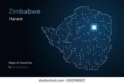 Zimbabwe Map with a capital of Harare Shown in a Microchip Pattern with processor. E-government. World Countries vector maps. Microchip Series	
