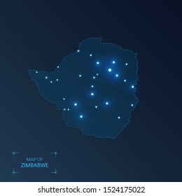 Zimbabwe map with cities. Luminous dots - neon lights on dark background. Vector illustration. 
