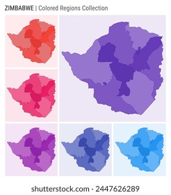 Colección de mapas de Zimbabue. Forma de Country con regiones de color. Paletas de colores Deep Purple, Red, Pink, Purple, Indigo, Blue. Frontera de Zimbabue con las provincias para su infografía. Ilustración vectorial.