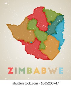 Zimbabwe map. Country poster with colored regions. Old grunge texture. Vector illustration of Zimbabwe with country name.