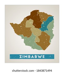 Zimbabwe map. Country poster with regions. Old grunge texture. Shape of Zimbabwe with country name. Trendy vector illustration.