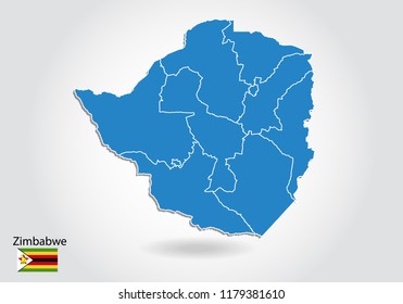 Zimbabwe map design with 3D style. Blue Zimbabwe map and National flag. Simple vector map with contour, shape, outline, on white.