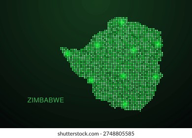 Zimbabwe Map - Digital dotted map with glowing green points on dark background, modern technology style, abstract data network design, clean minimal geometric vector illustration.