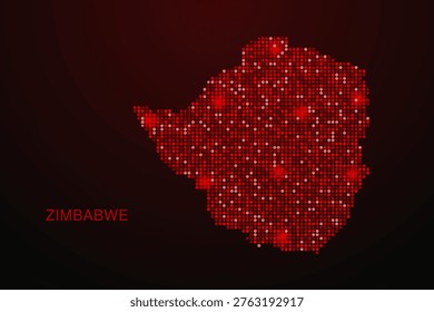Zimbabwe Map - Digital dotted map with glowing red points on dark background, modern technology style, abstract data network design, clean minimal vector illustration.