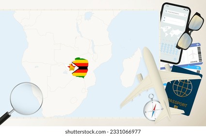 Zimbabwe map and flag, cargo plane on the detailed map of Zimbabwe with flag, passport, magnifying glass and airplane. Vector template.
