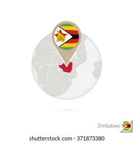 Zimbabwe map and flag in circle. Map of Zimbabwe, Zimbabwe flag pin. Map of Zimbabwe in the style of the globe. Vector Illustration.