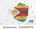 Zimbabwe Map and Flag. A large group of people in the Zimbabwe flag color form to create the map. Vector Illustration.