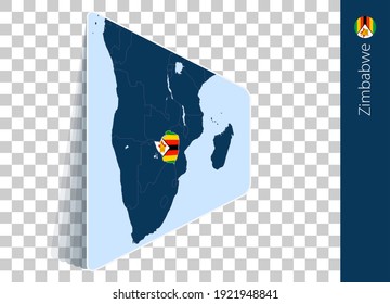 Karte und Flagge von Simbabwe auf transparentem Hintergrund. Simbabwe auf der blauen Vektorkarte hervorgehoben.
