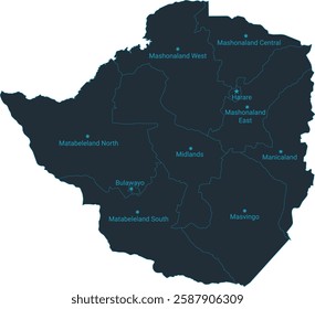 Zimbabwe map high detailed with administrative divide by state, capital cities names, outline simplicity style. Vector illustration EPS10.