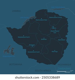 Karte von Simbabwe. Detaillierte Karte von Simbabwe mit Ländern, Grenzen, Städten, Wasserobjekten. Vektorgrafik eps10