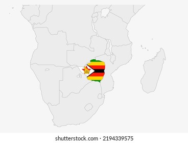 Zimbabwe map highlighted in Zimbabwe flag colors, gray map with neighboring countries.