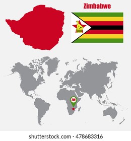 Zimbabwe map on a world map with flag and map pointer. Vector illustration