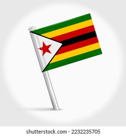 Zimbabwe map pin flag icon. Zimbabwean pennant map marker on a metal needle. 3D realistic vector illustration.