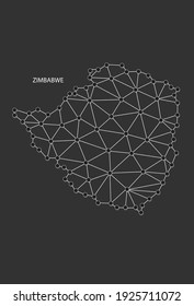 Zimbabwe Map Point scales on black background. Wire frame polygonal network white line, dot and shadow dot.
