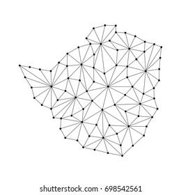 Zimbabwe map of polygonal mosaic lines network, rays and dots vector illustration.