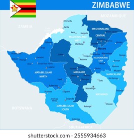 Zimbabwe Map Vector Blue Spot - Customizable layered political map of Zimbabwe with administrative divisions for website, education, reports, news, politics, print, poster and wallpaper