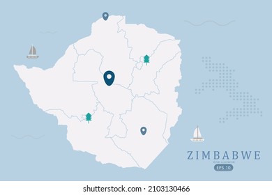 Mapa de Zimbabue - Mapa mundial Plantilla vectorial internacional Alto detalle con color blanco aislado en fondo azul incluyendo punto de ubicación simple, árbol, icono del barco - Ilustración vectorial eps 10