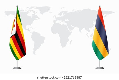 Zimbabwe and Mauritius flags for official meeting against background of world map.