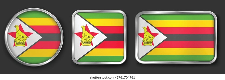 ZIMBABWE Metallic Flag Collection, Circular, Square and Rectangular ZIMBABWE Flag Badges Set
