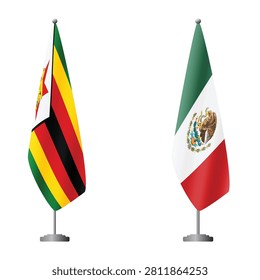 Zimbabwe and Mexico flags on flagpoles for official ceremonies and meetings, transparent background vector