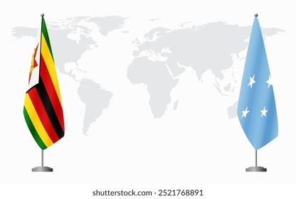 Zimbabwe and Micronesia flags for official meeting against background of world map.