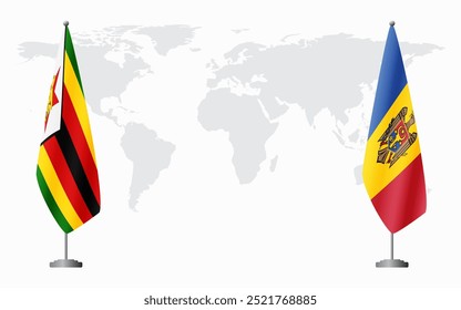 Zimbabwe and Moldova flags for official meeting against background of world map.