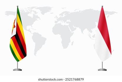 Banderas de Zimbabue y Mónaco para reunión oficial en el contexto del mapa mundial.