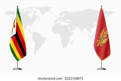 Banderas de Zimbabue y Montenegro para reunión oficial en el contexto del mapa mundial.