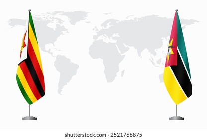 Bandeiras do Zimbábue e de Moçambique para reunião oficial frente ao mapa do mundo.