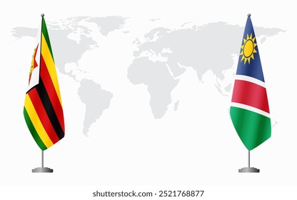 Banderas de Zimbabue y Namibia para reunión oficial en el contexto del mapa mundial.