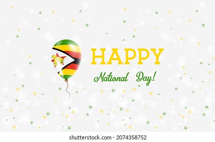 Zimbabwe National Day patriotic poster. Flying Rubber Balloon in Colors of the Zimbabwean Flag. Zimbabwe National Day background with Balloon, Confetti, Stars, Bokeh and Sparkles.