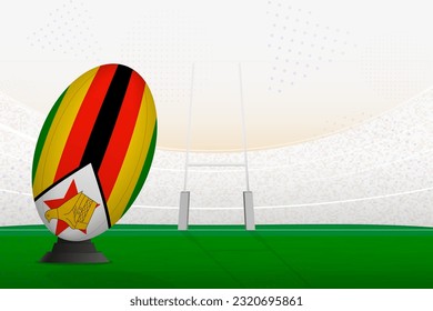 La selección nacional de rugby de Zimbabue en el estadio de rugby y en los puestos de gol, preparándose para un penal o patada libre. Ilustración vectorial.