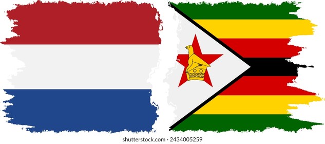 Zimbabwe and Netherlands grunge flags connection, vector