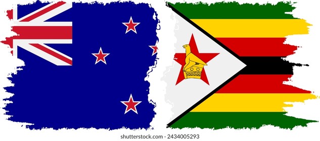 Zimbabwe and New Zealand grunge flags connection, vector