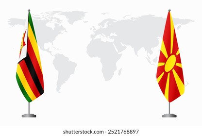 Banderas de Zimbabue y Macedonia del Norte para reunión oficial con el fondo del mapa mundial.