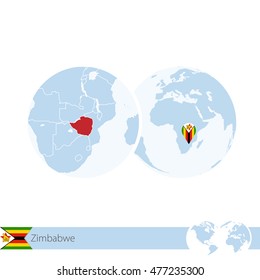 Zimbabwe on world globe with flag and regional map of Zimbabwe. Vector Illustration.