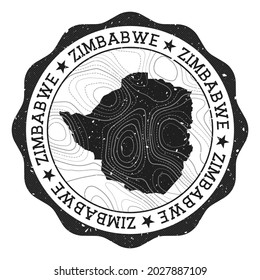 Zimbabwe outdoor stamp. Round sticker with map of country with topographic isolines. Vector illustration. Can be used as insignia, logotype, label, sticker or badge of Zimbabwe.