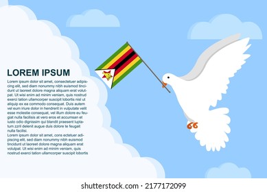 Zimbabwe peace concept with text area, Dove of Peace bird with Zimbabwe flag in its beak, dove flying in the clouds, vector illustration design, Zimbabwe peace day template, freedom idea