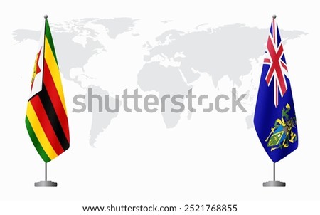 Zimbabwe and Pitcairn Islands flags for official meeting against background of world map.