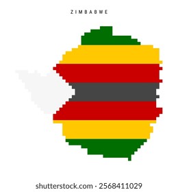 Zimbabwe pixel flag map icon. 8 bit pixel art Zimbabwean map covered with flag. Flat vector illustration isolated on white background.