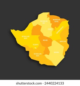 Zimbabwe political map of administrative divisions - provinces. Yellow shade flat vector map with name labels and dropped shadow isolated on dark grey background.