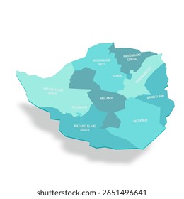Mapa político de divisões administrativas do Zimbabué - províncias. Mapa de vetor turquesa 3D com rótulos de nome.