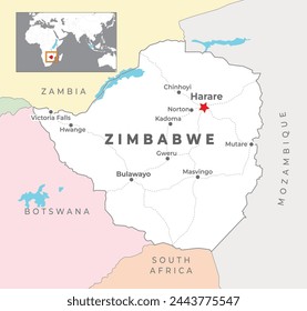 Politische Karte von Simbabwe mit der Hauptstadt Harare, den wichtigsten Städten mit nationalen Grenzen