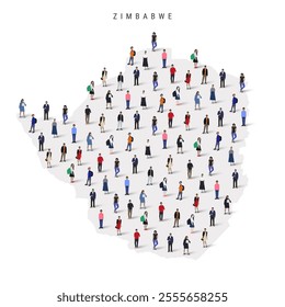 Zimbabwe population map. Large group of realistic a diverse crowd of people figures in a shape of Zimbabwean map. Flat vector illustration isolated on white.