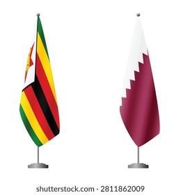 Zimbabwe and Qatar flags on flagpoles for official ceremonies and meetings, transparent background vector