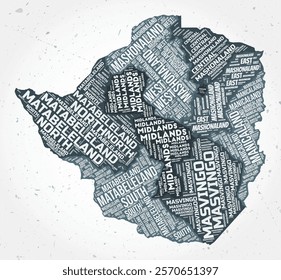 Zimbabwe regions word clouds. Country shape on textured background. Zimbabwe design in typographic style. Creative vector illustration.