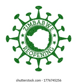 Zimbabwe Reopening Stamp. Green round badge of country with map of Zimbabwe. Country opening after lockdown. Vector illustration.