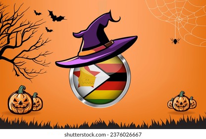 zimbabwe round flag with Happy Halloween banner or party invitation background. bats, spiders and pumpkins, orange background