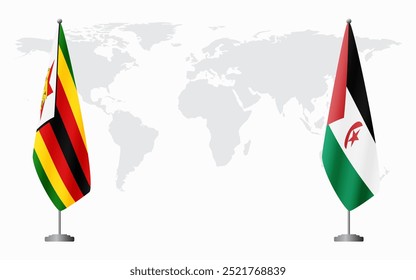 Zimbábue e República Árabe Saaraui Democrática bandeiras para reunião oficial contra fundo do mapa do mundo.