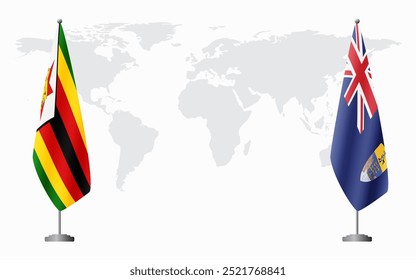 Zimbabwe and Saint Helena flags for official meeting against background of world map.